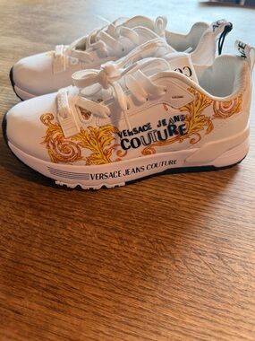 Versace White & Gold Baroque Lace-Up Athletic Sneakers